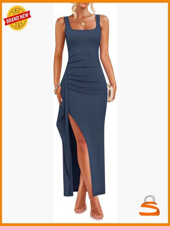 Dresses & Skirts - Sleeveless Square Neck Ribbed Bodycon Maxi Dress with High Slit